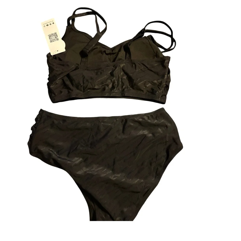 NWT Charmo‎ Black High Waisted Bikini Set Two Piece Swimsuit Zebra Stripe Small